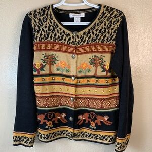 Vintage Arriviste Embroidered Beaded Monkey Novelty Print Cardigan Size M